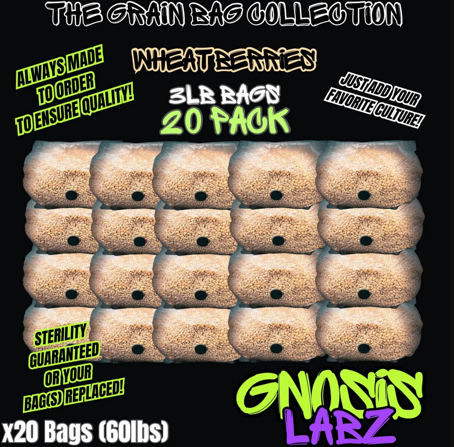 20 Pack of 3lb Sterilized Grain Bags for Mycology and Mushroom Cultivation (Wheat Berries) - with Injection Port and Filter Patch!