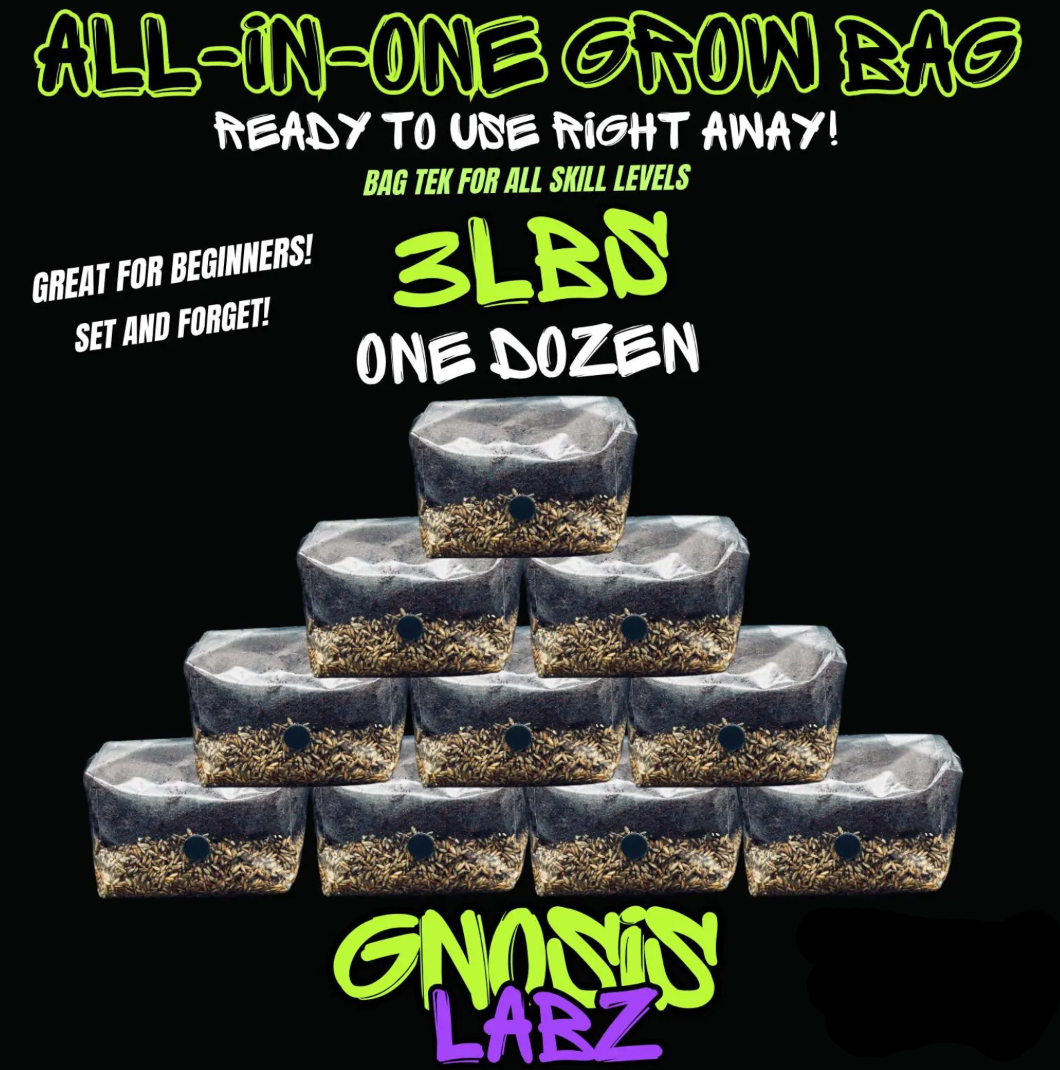 One Dozen All in One Mushroom Grow Kit Bags (3lbs) with Injection Port and Filter Patch!
