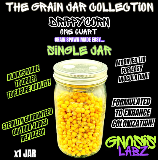 One Quart Drippy Corn Sterilized Grain Jar  -Modified lid with Injection Port and Filter Patch! (Single Jar)