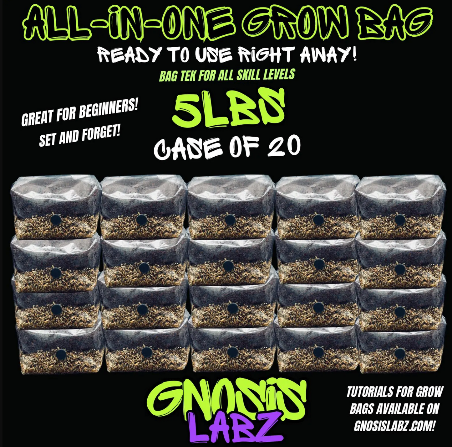 20 Pack of All in One Mushroom Grow Kit Bags (5lbs) with Injection Port and Filter Patch!