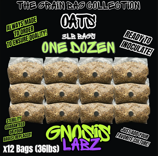 One Dozen 3lb Sterilized Grain Bags for Mycology and Mushroom Cultivation (Whoal Oats) - with Injection Port and Filter Patch!