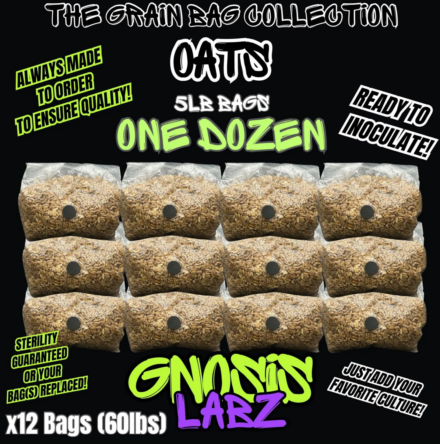 One Dozen 5lb Sterilized Grain Bags for Mycology and Mushroom Cultivation (Whole Oats) - with Injection Port and Filter Patch!