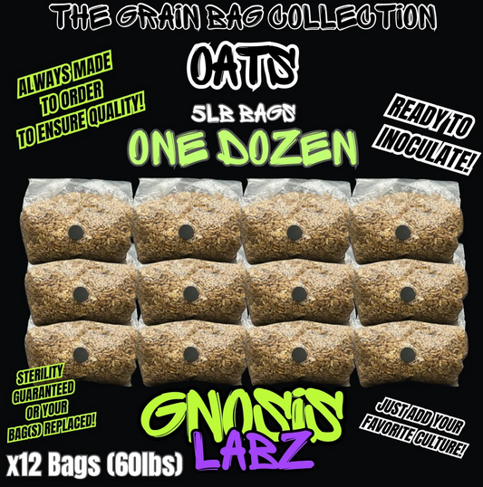 One Dozen 5lb Sterilized Grain Bags for Mycology and Mushroom Cultivation (Whole Oats) - with Injection Port and Filter Patch!